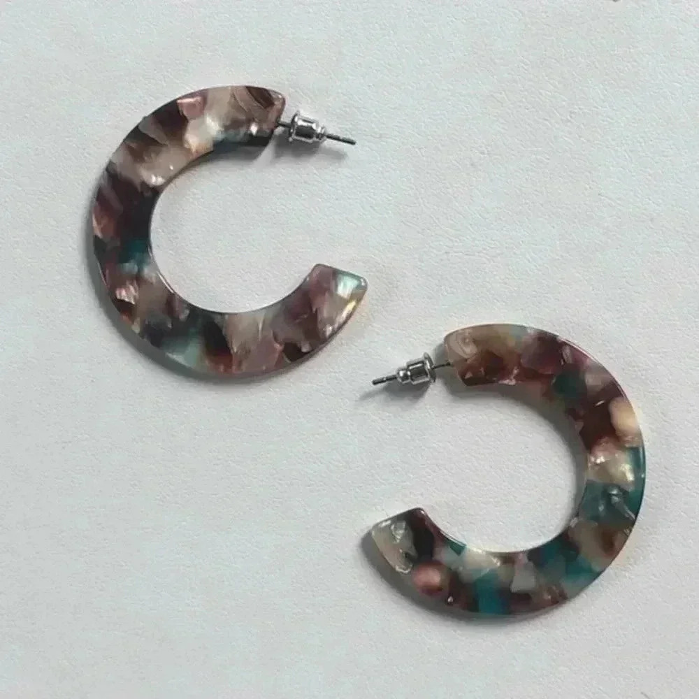 Turquoise Brown Pearl Semi Hoop Acrylic Stainless Steel Earrings NWT